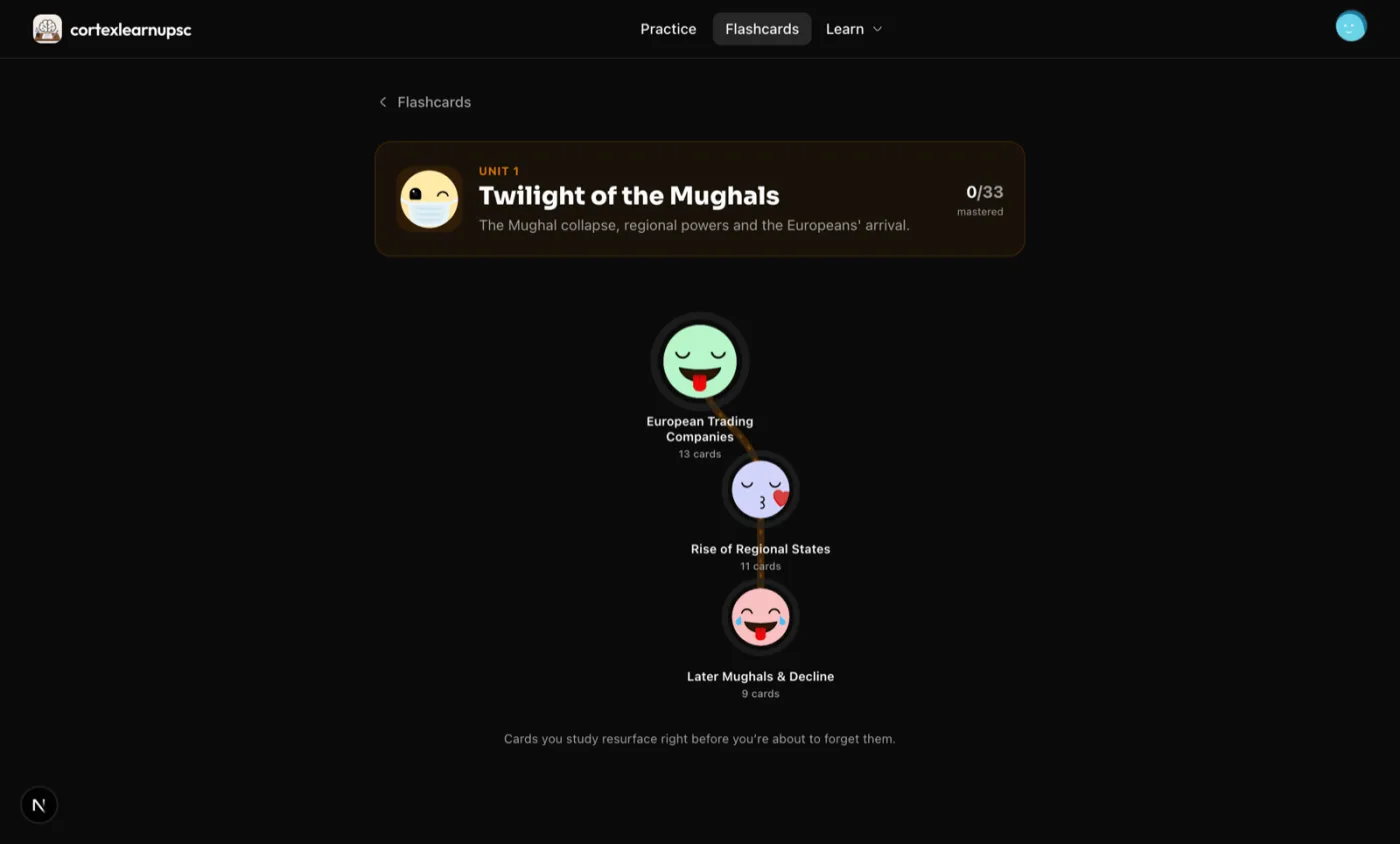 The CortexLearn flashcards path — a winding trail of lesson nodes you progress through.