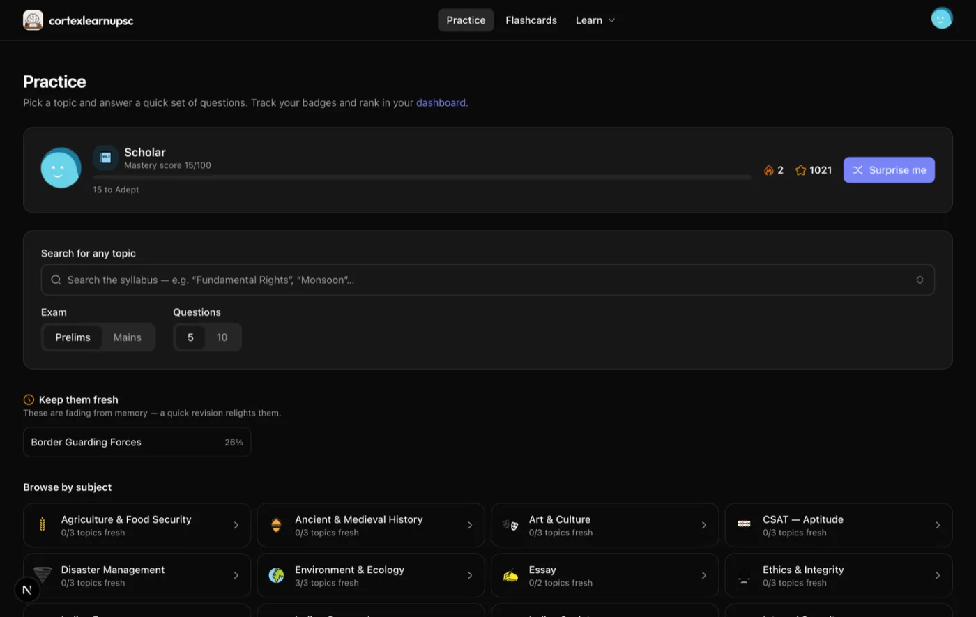 The CortexLearn practice screen with a topic search and a browse-by-subject grid.